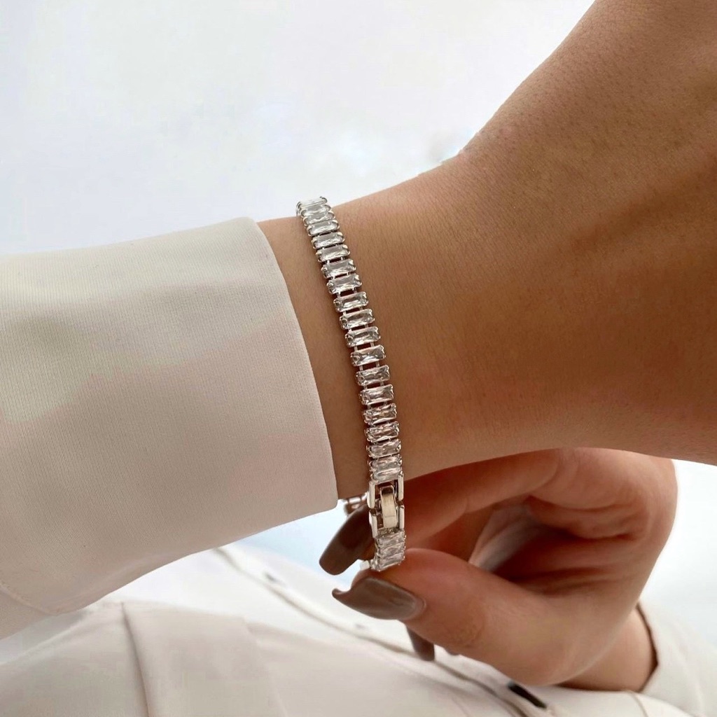 Silver Baguette Tennis Bracelet Platinum Plated Hypoallergenic & Tarnish-Free
